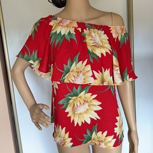 Red floral off the shoulder top. Red ruffle top. Size medium